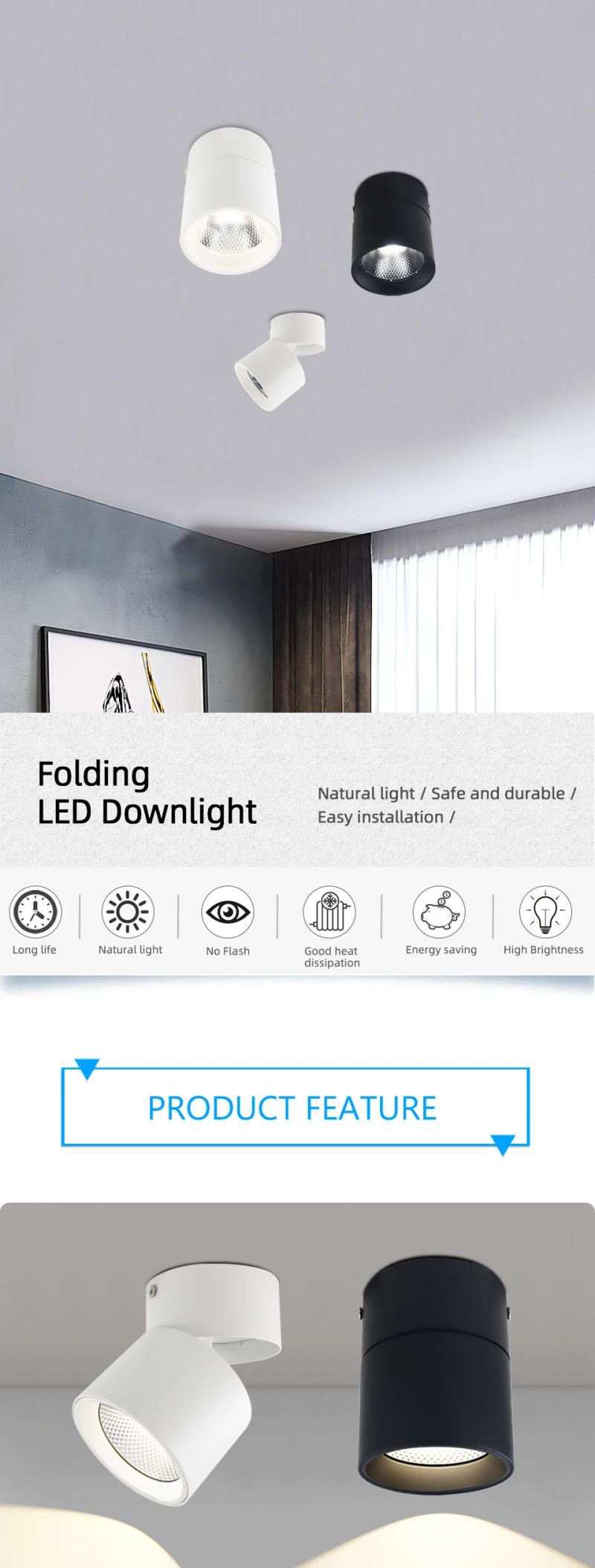 Description Picture 2 of itemLed Downlight Foldable Spot Light 10W 15W 20W AC220V-240 Aluminum Led Ceiling Light 3000K/4000K/6000K  For Living Room Bedroom