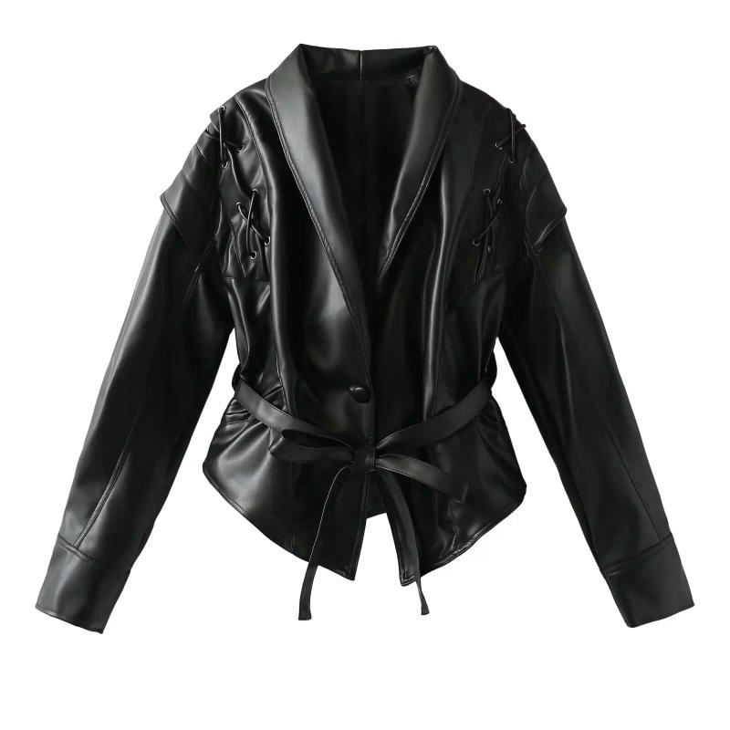 Description Picture 2 of itemCool and elegant style American high-end design retro irregular temperament with belt waist leather jacket PU jacket top