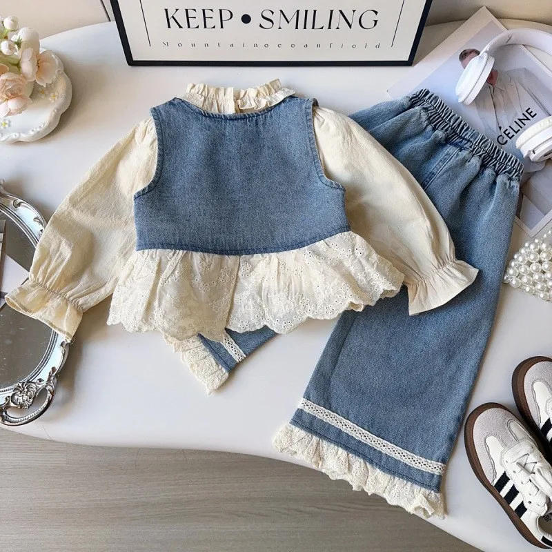 Description Picture 3 of itemKorean Version Ins Spring and Autumn Denim Sleeveless Vest Long Pants Set Versatile Lace Edge Vest New Fashionable Stylish Style