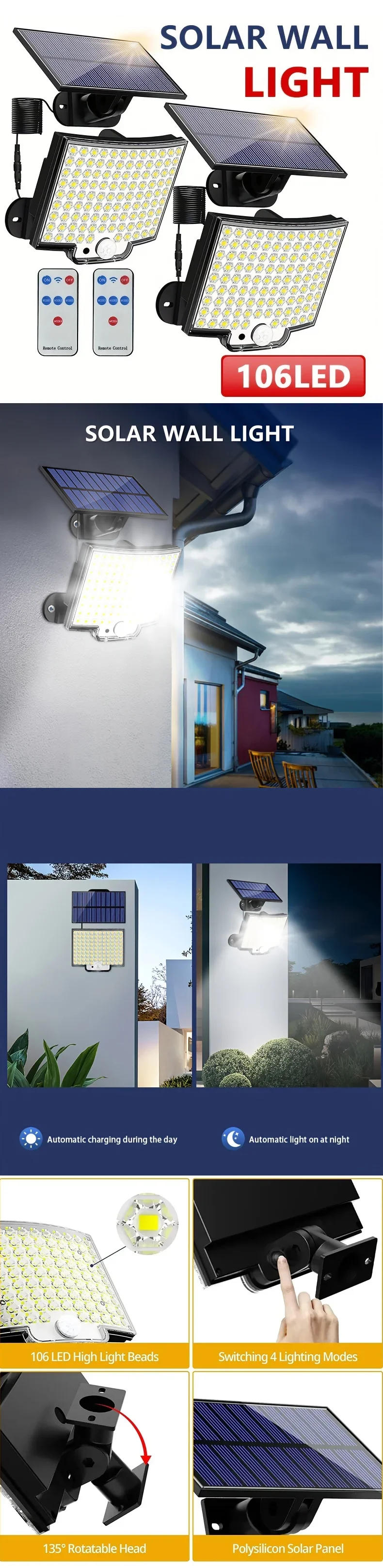 Description Picture 2 of item1-2 Pcs Solar Light Motion Sensor Outdoor Lighting Waterproof Super Bright LED Wall Lamp Remote Street Lights Garden Courtyard