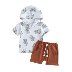 Infant Boys Summer Outfits Finger Print Short Sleeve Hooded Tops and Elastic Waist Shorts 2Pcs Clothes Set