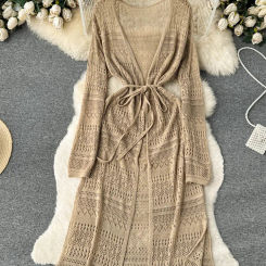 SINGREINY Bohemian Casual Summer Cardigan Dress Women Long Sleeve Hollow Out Thin Fashion Vacation Midi Long Knitted Dresses