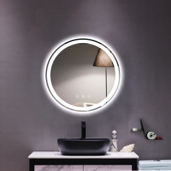 Bathroom Mirror with Led Light Glass Mirror Round Touch LED Tricolor Dimming Anti-fog Brightness Adjustment -20"[US-W]