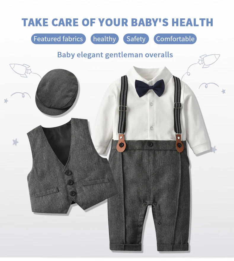 Description Picture 2 of itemBaby Suits Newborn Boy Clothes Romper + Vest + Hat Formal Clothing Outfit Party Bow Tie Children Birthday Dress New Born 0- 3Y