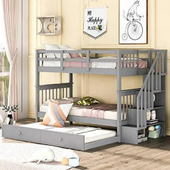 Solid Wood Twin Bunk Bed with Stairs & Trundle Storage Modern Country Design Sturdy Frame Kids Teens Adults Grey Twin over Twin