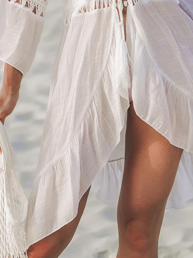 Description Picture 5 of itemSummer Crochet Boho Beach Swimsuit Bikini Cover Up Lace-Up Hairball Long Blouse Hollow Out Open-Front Cover-Up Duster Kimono