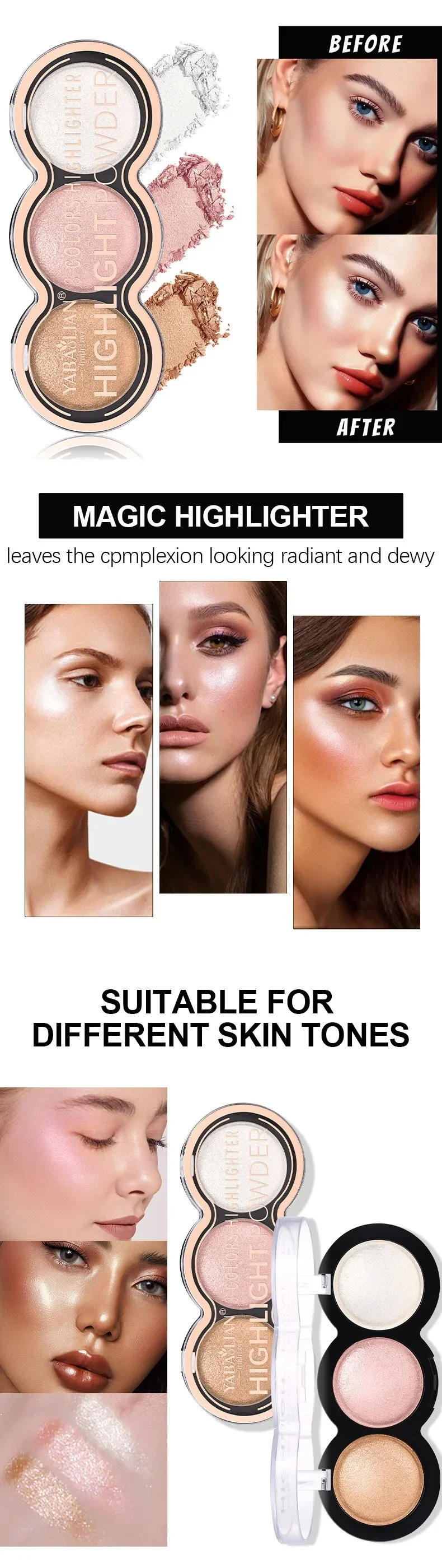 Description Picture 5 of item3 Colors High Gloss Highlighters Palette Makeup Face Brighten Contour Blush Waterproof Shimmer Powder Body Illuminator Cosmetics