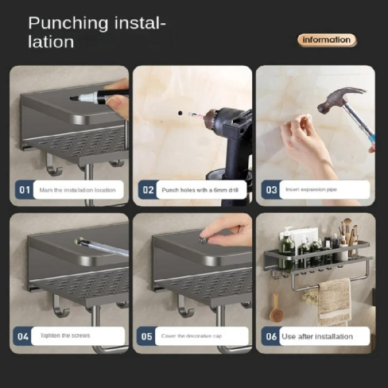 Description Picture 2 of item1 Multifunctional Bathroom Storage Rack Shower Storage Rack Wall-Mounted Towel And Bathrobe Hooks Shelf Storage