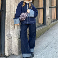 Trendy Women's Denim Pants Set Vintage Loose Fit Lapel Jacket Matching High Waist Wide Jeans Female Chic Casual Daily Outfits