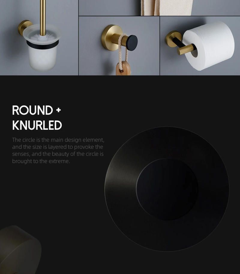 Description Picture 4 of itemTowel rack Wall Mounted Towel Rack Brushed Gold Paper Holder& Matte Black Hook Knurled and Combined Colors Toilet Brush Holder