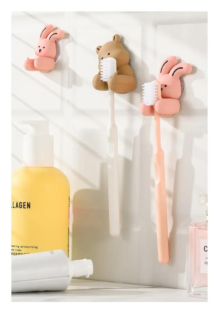 Description Picture 4 of itemCute Cartoon Rabbit Toothbrush Holder Silicone Wall-mounted Suction Cup Hook Sundries Storage Rack Bathroom Accessories