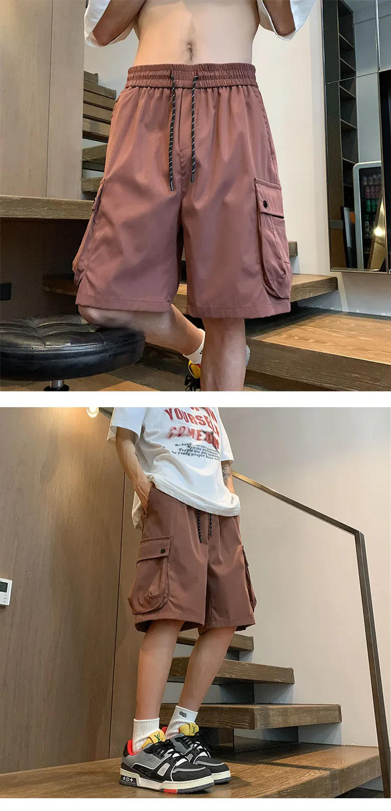 Description Picture 6 of item2024 Men's Summer New Fashion Loose Straight Short Pants Male Multiple Pockets Casual Shorts Men Solid Color Cargo Shorts K376