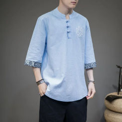Chinese Style Cotton Linen Short Sleeve Men's Shirt Summer New Vintage Stand Collar Printing Trendy Suit Jacket Casual Wear