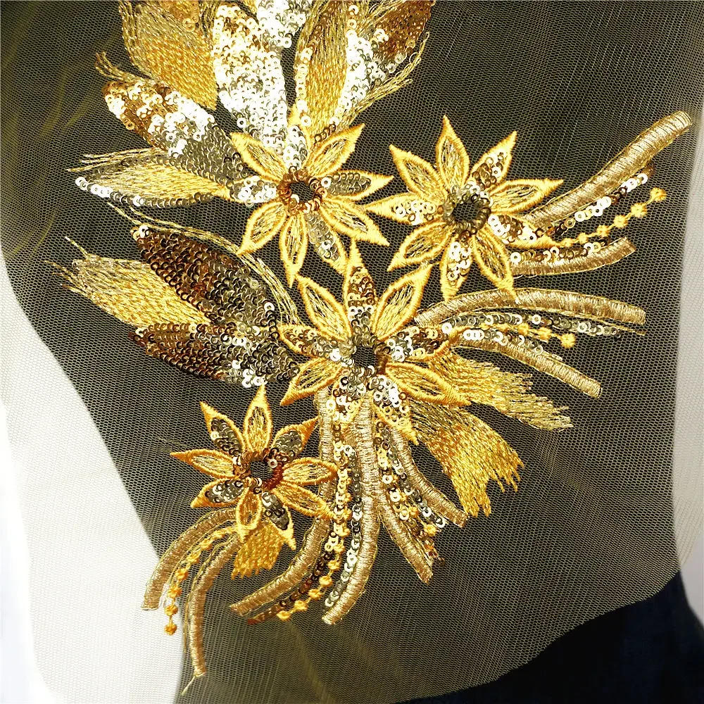 Description Picture 4 of itemBlue Black Gold Sequins Feather Tail Flowers Appliques Lace Trims Mesh Sew On Patch Embroidery For Wedding Gown Decoration DIY