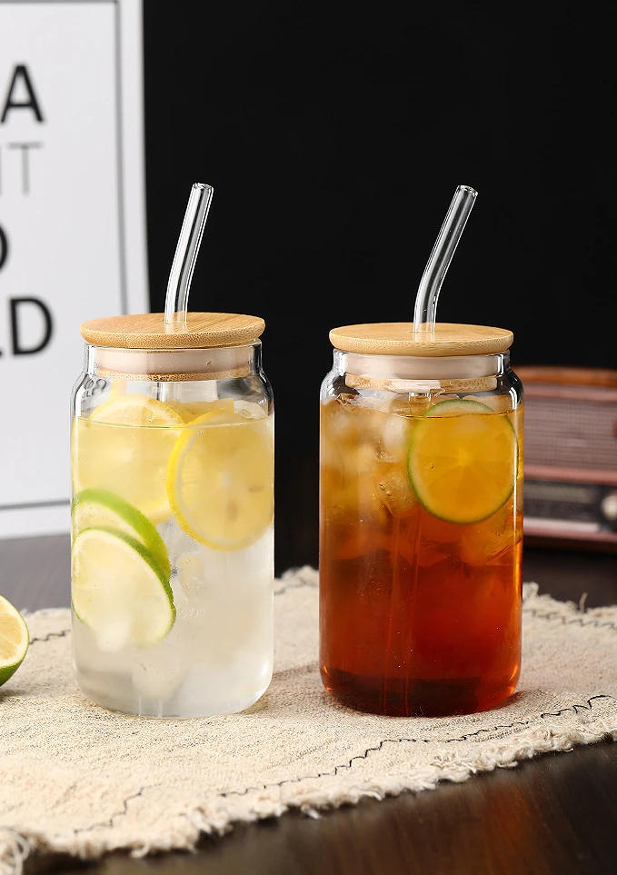 Description Picture 6 of item550ml Glass Cup with Wooden Lid and Straw Travel Transparent Bubble Tea Cup Milk Beer Can Cocktail Mug Beverage Glassware