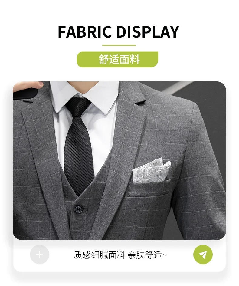 Description Picture 6 of itemMens Suits 3 Piece (blazer+ Vest +pants) Fashion Business Leisure Hosts The Korean Version of Plaid Slim Gentleman Wedding Work