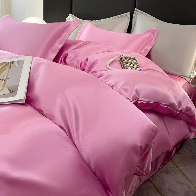 Description Picture 6 of itemNordic Satin Silk Bedding Set with Duvet Cover Bed Sheet Pillowcases Luxury Solid Single Double Couple Pillow Case Bedsheet