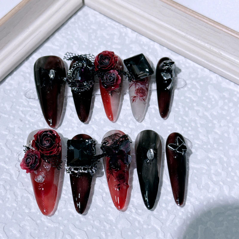 Description Picture 2 of item10pcs Handmade Long Pointed Press on Nails 3D Black Red Rose Crystal Design Fake Nail Patch European Heavy Metal False Nail Tips