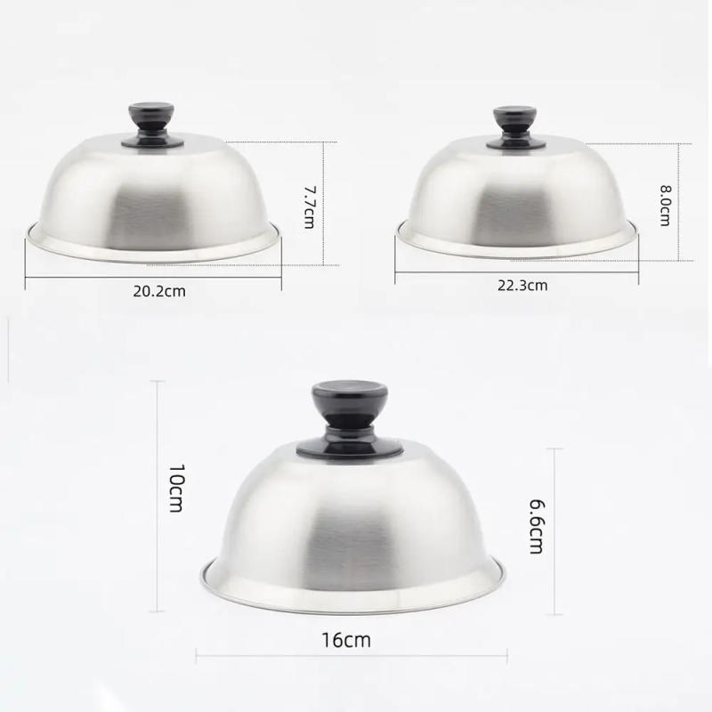 Description Picture 3 of itemFrying Pan Covers Universal Stainless Steel Round Pot Lids Cover Burger Cover Cheese Melting Dome for Cookware Sandwiches Steak