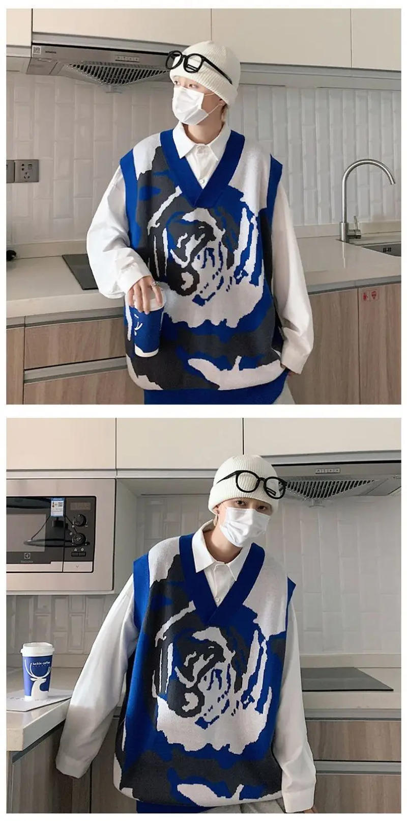 Description Picture 2 of itemSweater Vest Men Thicken V-neck Sleeveless Knitted Sweaters Vests Retro Preppy-style Chic Loose Casual All-match 2023 C26