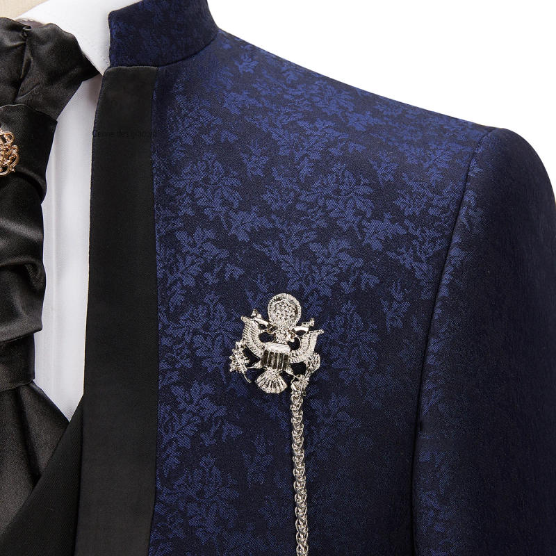 Description Picture 6 of itemModern Men's Suits Tailored 3 Pieces Jacquard Blazer Black Vest Pants One Button No Lapel Wedding Formal Custom Made Plus Size