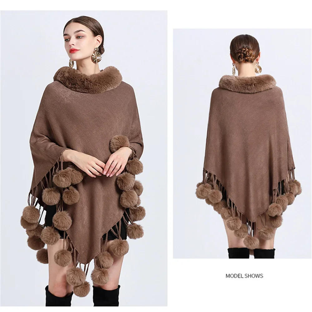 Description Picture 4 of item5 Colors Winter Faux Rabbit Fur Tassel Pompo Oversize Pullover Shawl Streetwear Coat Women O Neck Bottom Ball Loose Poncho Cappa