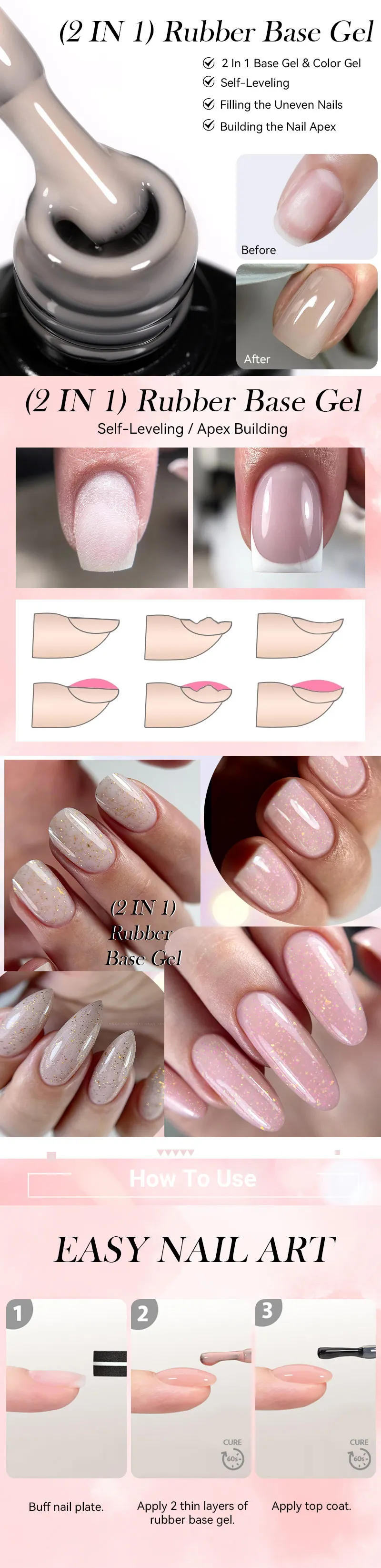 Description Picture 4 of itemLILYCUTE Nude Crystal Rubber Base Gel Nail Polish Natural Color Semi Permanent UV Gel Soak Off Self Leveling Nail Gel Varnishes