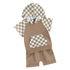 Toddler Boys Summer Shorts Sets Short Sleeve Checkerboard Print Hooded Tops and Shorts Sets