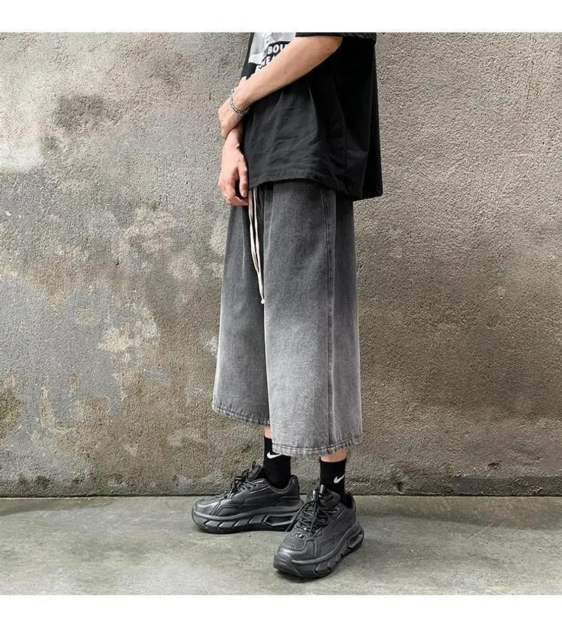 Description Picture 5 of itemSummer New Gradient Denim Shorts For Men's Outdoor Street Thin Wide Leg Loose Cropped Pants 2024 Waist Drawstring Casual Pants