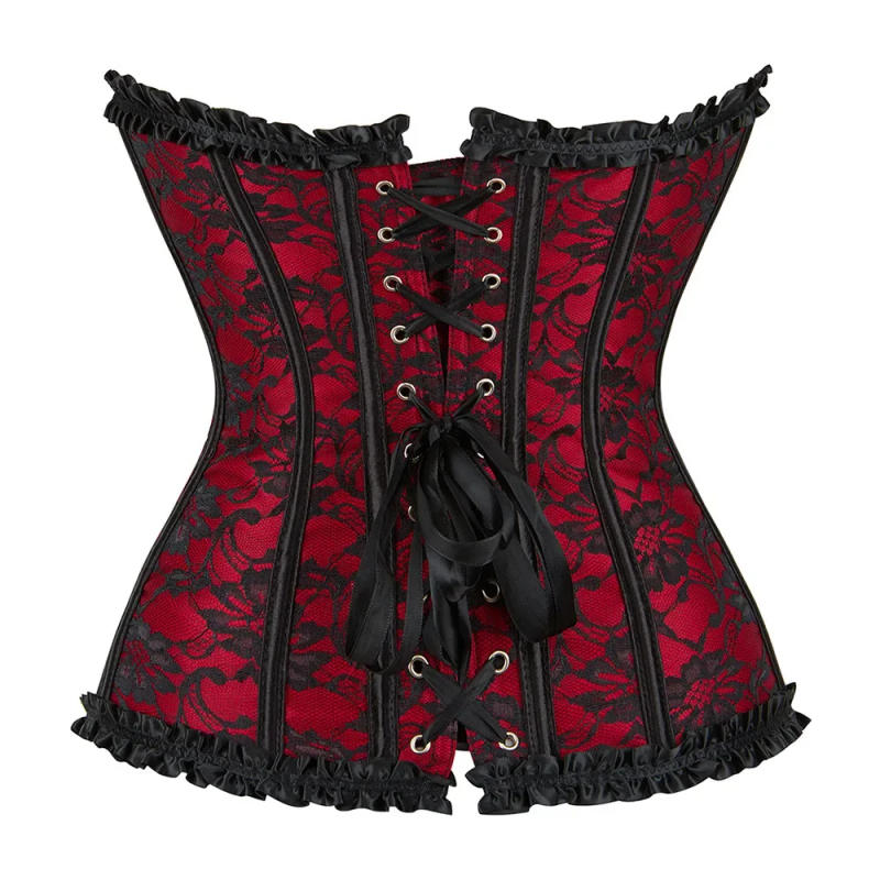 Description Picture 5 of itemWomen Corset Plus Size Lace-up Bustiers Top Sexy Overbust Vintage Flower Print Lingerie Corselet Lace Korsett Black Red Blue