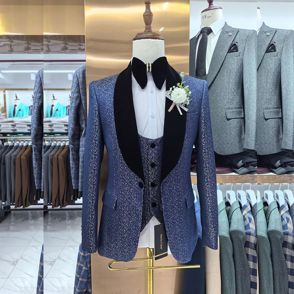 Description Picture 3 of itemLuxury Suits for Men 3 Piece Jacket Pants Vest Male Clothing Black Shawl Lapel Flat Blazer One Button Slim Fit Prom Party Sets