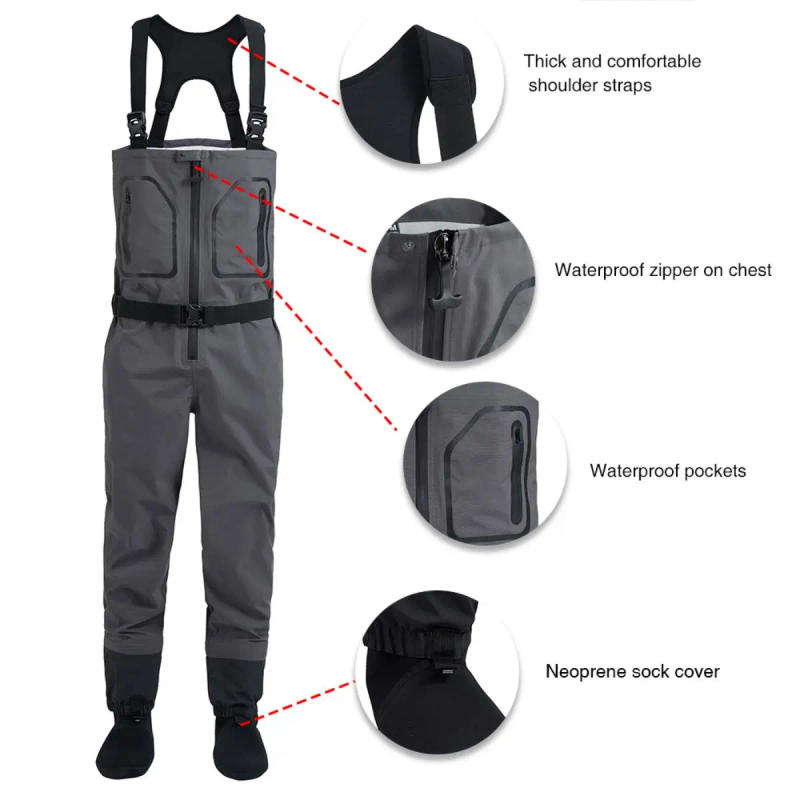 Description Picture 3 of itemZip-Front Chest Fishing Waders Waterproof Zippered Stockingfoot Waders Welded Seams Upstream Wading Gear for Hunting