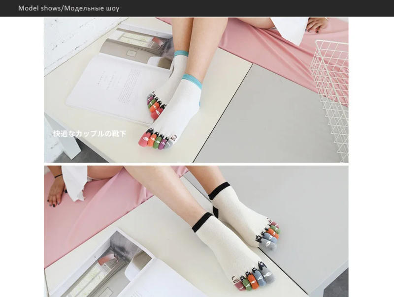 Description Picture 4 of item5 Pairs Toe Ankle Socks Women Cotton Cartoon Bear Fish Print Sweat-Absorbing Young Fashion 5 Finger Boat Happy Harajuku Socks