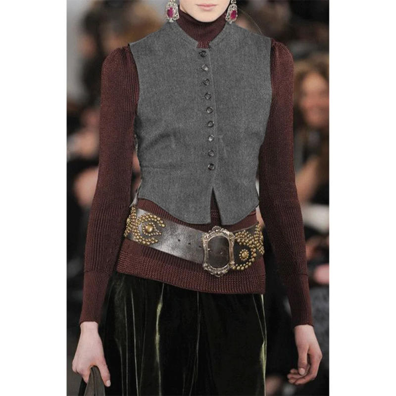 Description Picture 3 of itemHerringbone Tweed Women's Vests Top Vintage Standing Collar Suit Sleeveless Jacket Waistcoat Female Model Style Spring Autumn