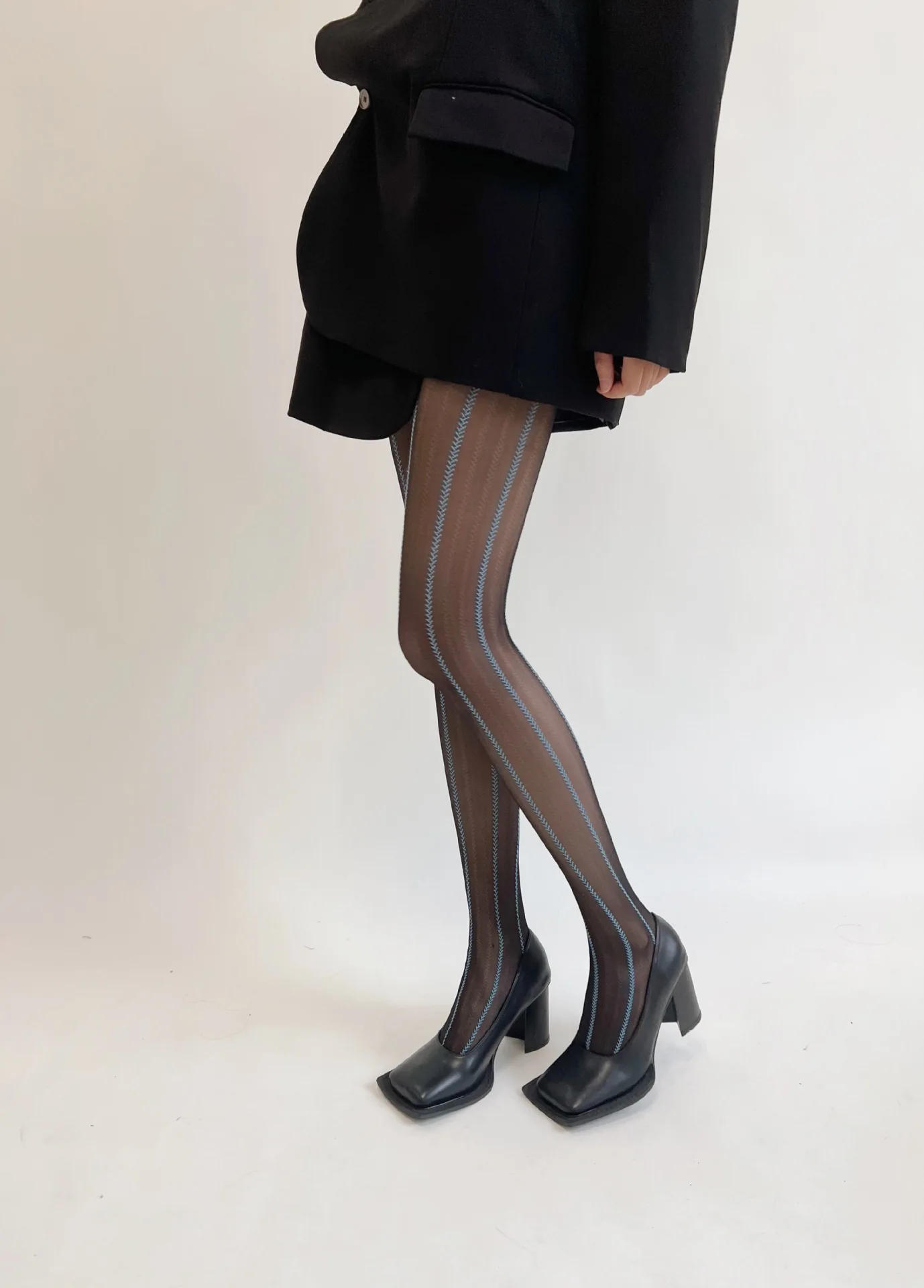 Description Picture 4 of itemRetro Stockings Sexy Blue Silk Pantyhose Japanese Lolita Vertical Striped Wheat Grain Ultra-thin Cosplay Designer Tights Women