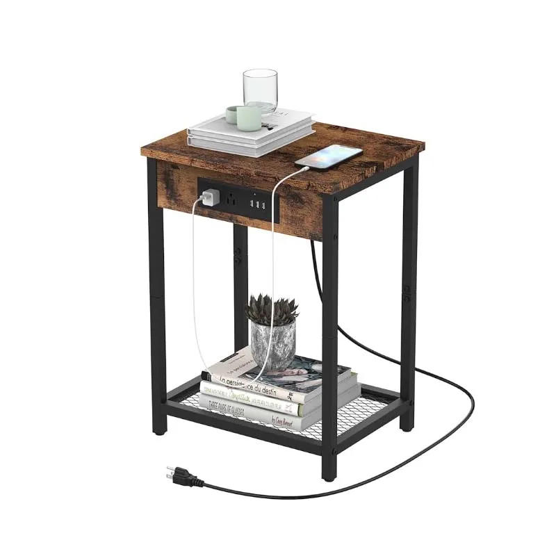 Description Picture 4 of itemNightstand with Charging Station Bedroom End Side Table with USB Ports outlets Modern Record Player Stand 2-Tier Bedside Table