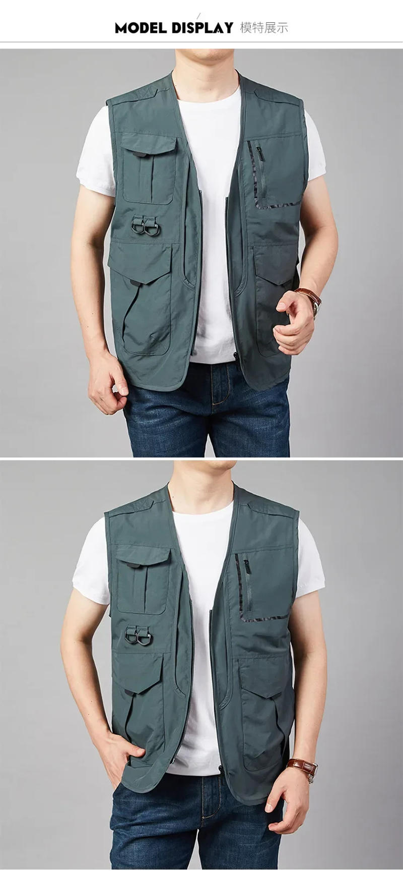 Description Picture 6 of itemSize Waterproof Men Large Hunting Work Multi Pocket Vest MAN Embroidered Tactical Casual Men's Windbreaker Sleeveless Jacket Zip