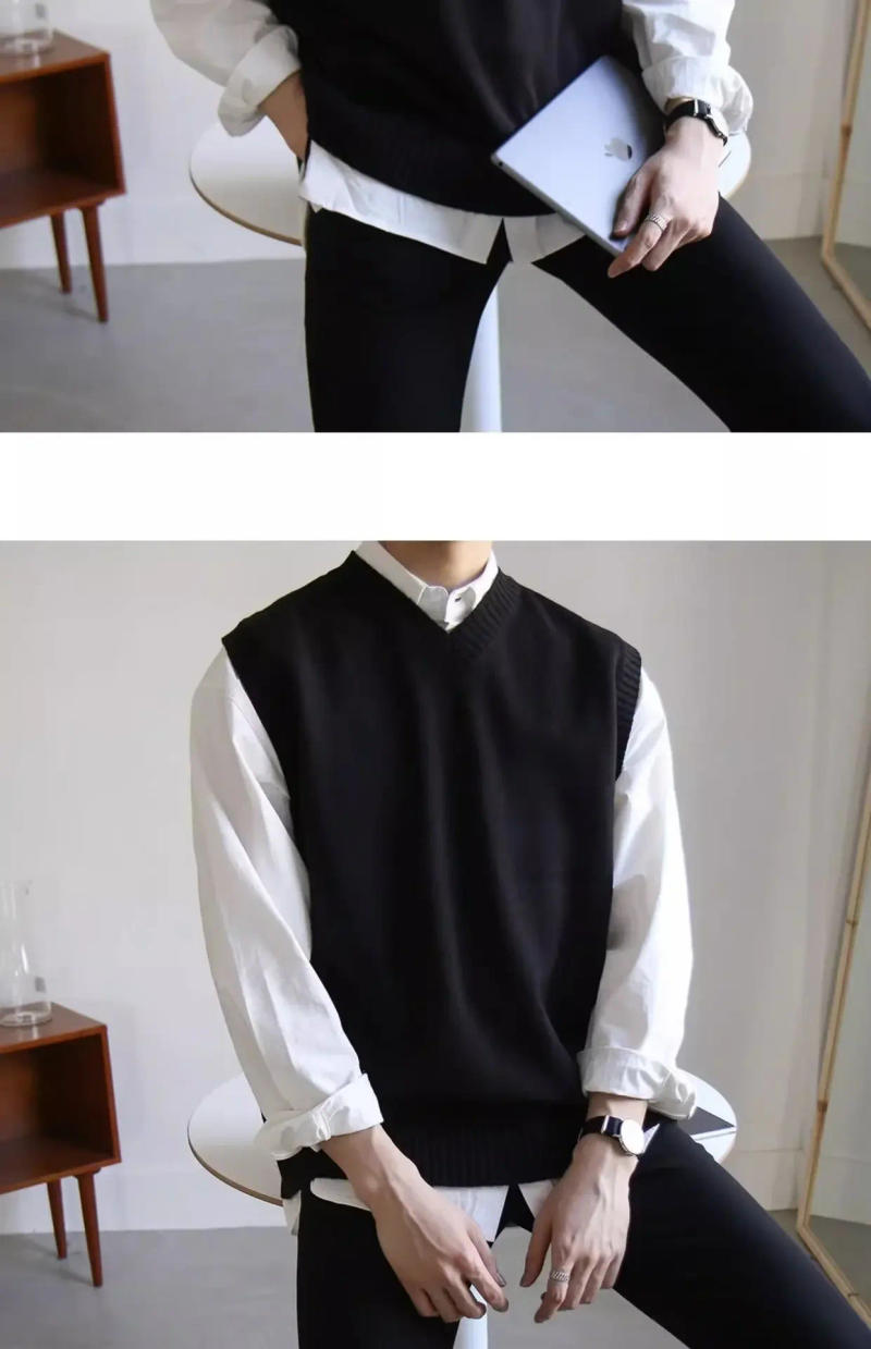 Description Picture 6 of itemAutumntrendy Brand Men's Sweater Vest V-neck Sleeveless Knit Shirt Casual Collection Shoulder Vest Fashion 2024 New Arrival