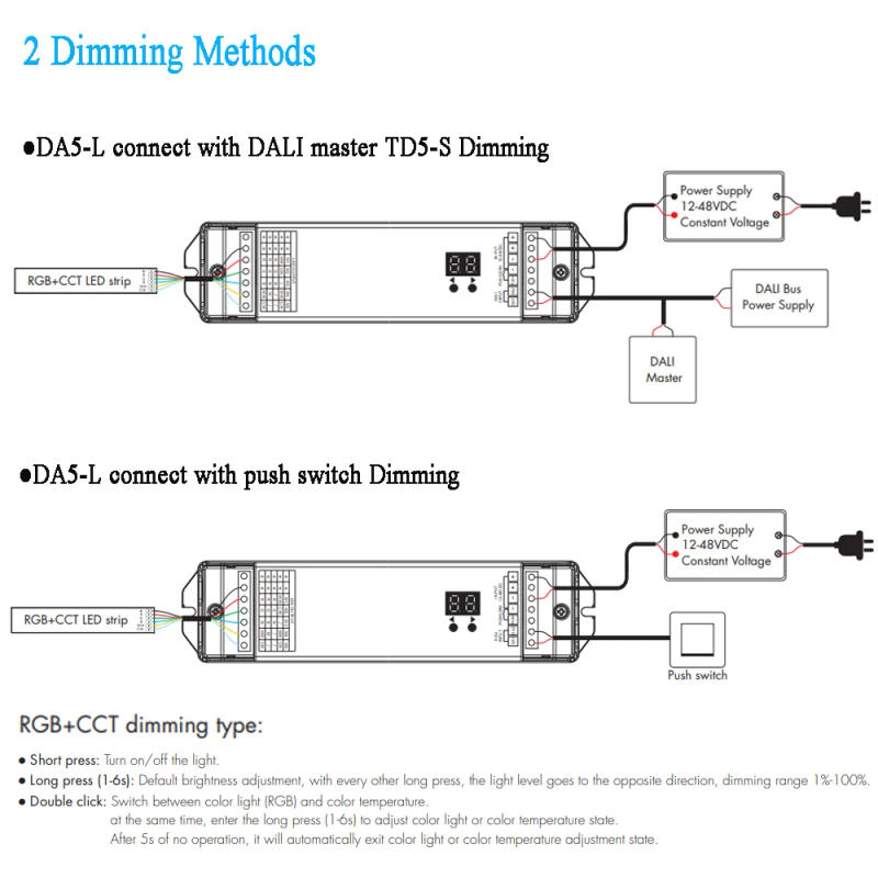 Description Picture 3 of item5 CH Constant Voltage DALI LED Dimmer DC 12V 24V 36V 48V With Digital Display Push Switch Dimming DT8 DALI Touch Panel Master