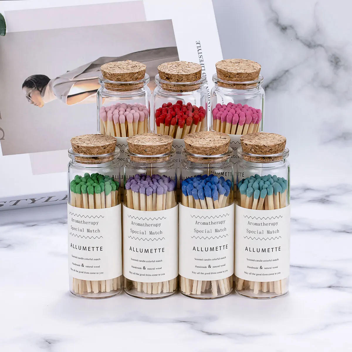 Description Picture 4 of item7.5cm Scented Colorful Match Apothecary Galss Jar Wooden Matches For Aromatherapy Candles Cigarette Smoking Tools