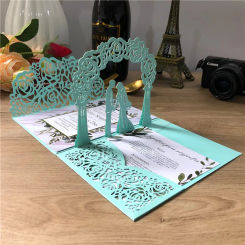 10 pieces 3D Pop-Up Light Blue Wedding Invitation Card, Tri-folded Laser Cut Pocket Bride & Groom Greeting Invite Cards IC144