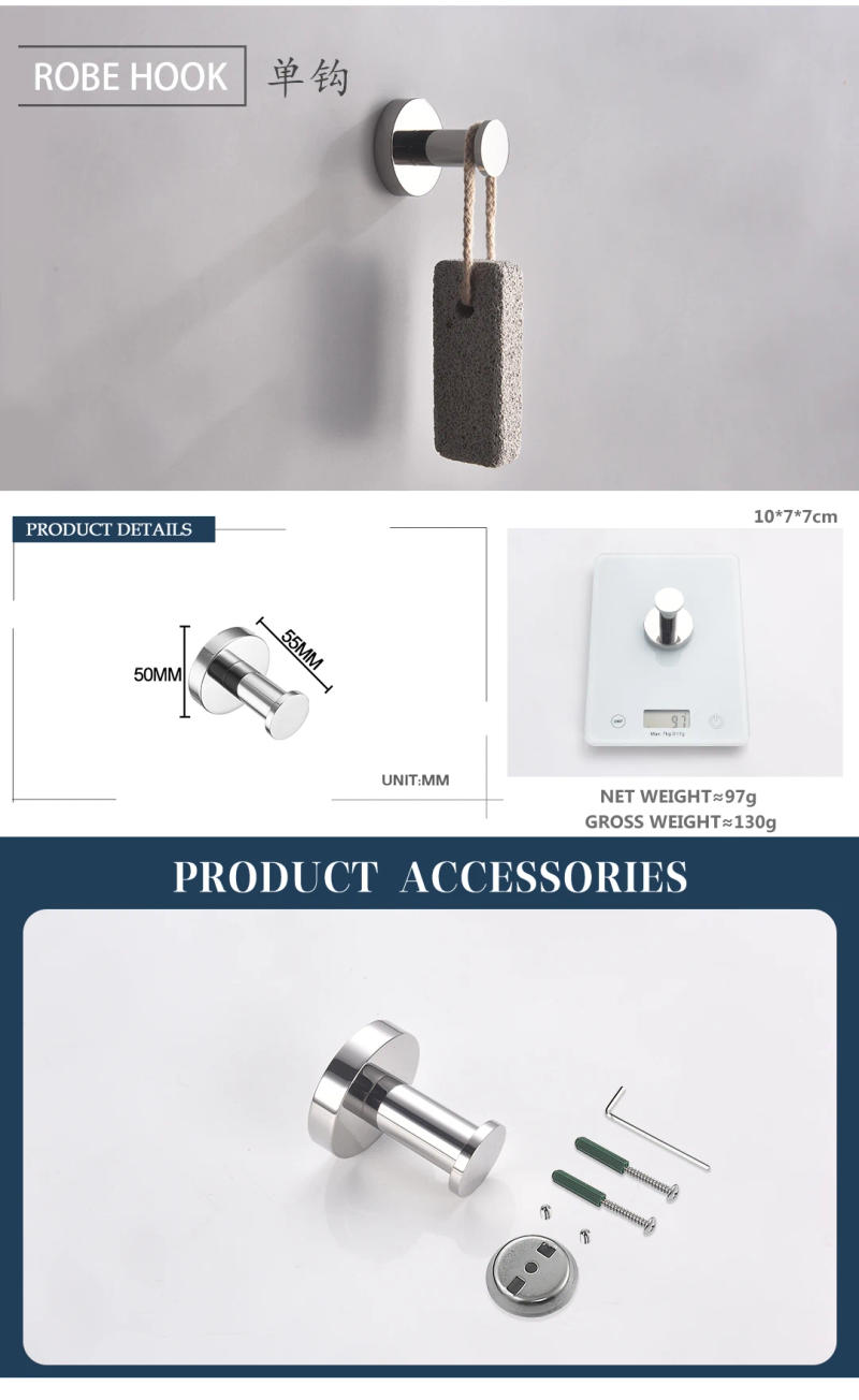 Description Picture 6 of item304Stainless Steel With Hook Towel Bar Wall Mount Bathroom Accessories Set Toilet Paper Holder Hand Towel Coat Robe Hook Hanger