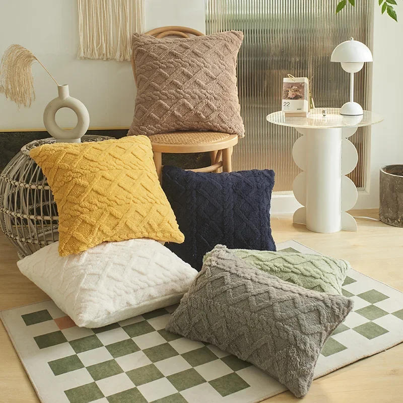 Description Picture 2 of item30*50cm/45*45cm Geometric Jacquard Plush Throw Pillow Covers for Couch Bed Sofa Farmhouse Neutral Solid Color Soft Cushion Cover