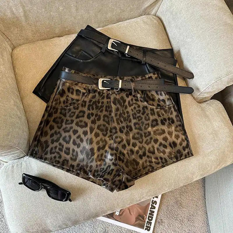 Description Picture 3 of itemSexy Leopard Print PU Leather Shorts Women Black High Waist Leather Shorts with Belt