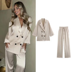 Pajama Style Pants Set Women Spring 2 Piece Double-Breasted Satin Blazers Lace Up Creased-Effect Trousers Two Piece Women Outfit