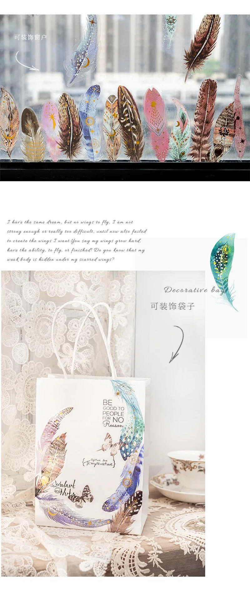 Description Picture 6 of item10 pcs/lot Beautiful feather Stickers aesthetic PET Stick Labels Decorative Scrapbooking Diary Album junk journal supplies