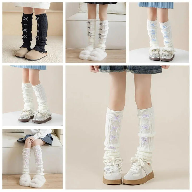 Description Picture 2 of itemCute Korean Style Children's Leg Warmers JK Harajuku Knitted Leg Cover Lolitas Long Stockings Plaid Bow Socks Girls