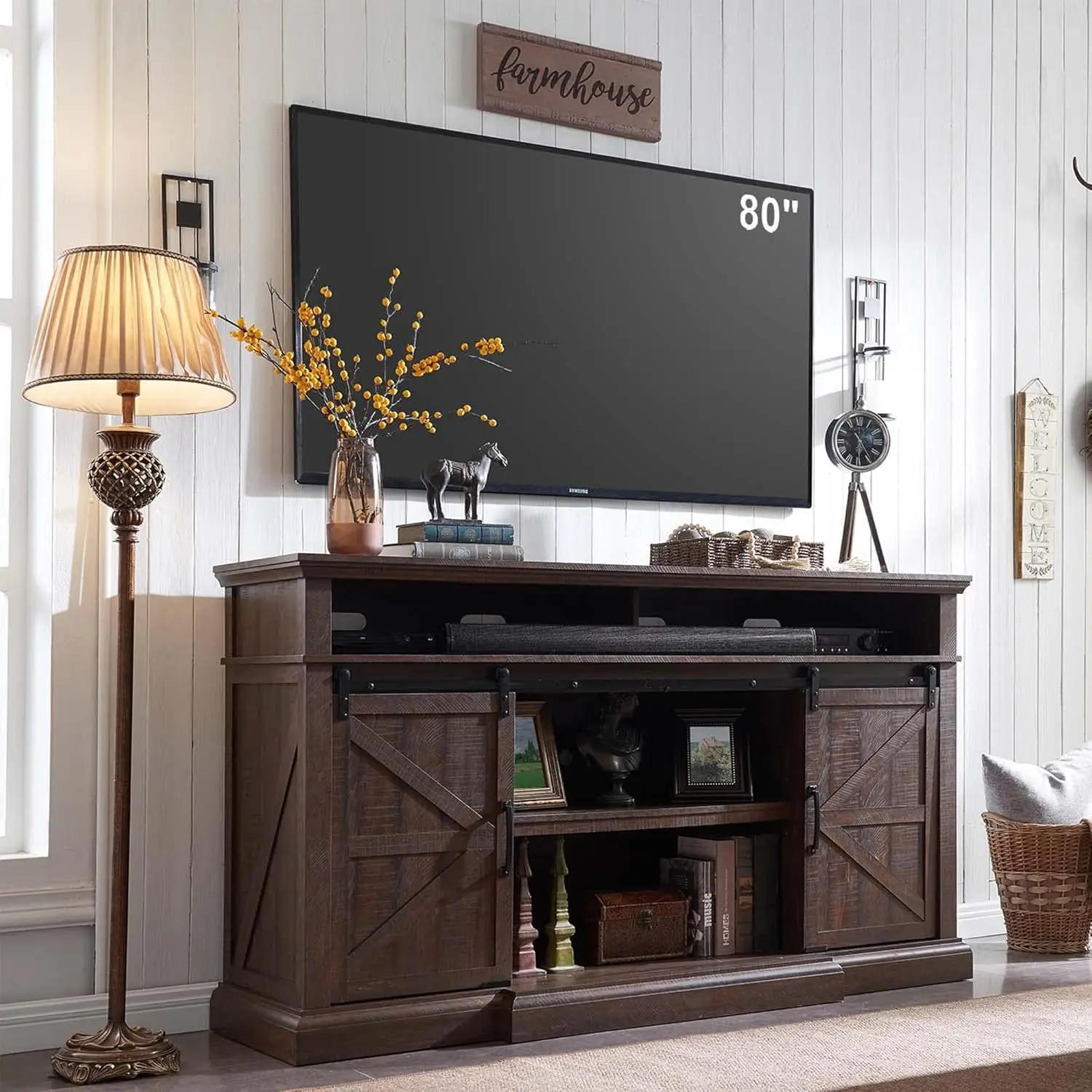 Description Picture 2 of itemFarmhouse TV Stand for 80 Inch TVs, 39" Tall Entertainment Center w/Storage Cabinets and Sliding Barn Door, Media Console