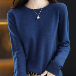 Fashion 100% Merino Wool Sweater Elegant Cashmere Pullover Women O-Neck Long Sleeve Knitwear Basic Clothing  Jumper Tops