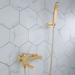 Bathtub Shower Set Wall Mounted Brushed Gold Faucet, Bathroom Cold and Hot Bath and  Mixer Taps Brass